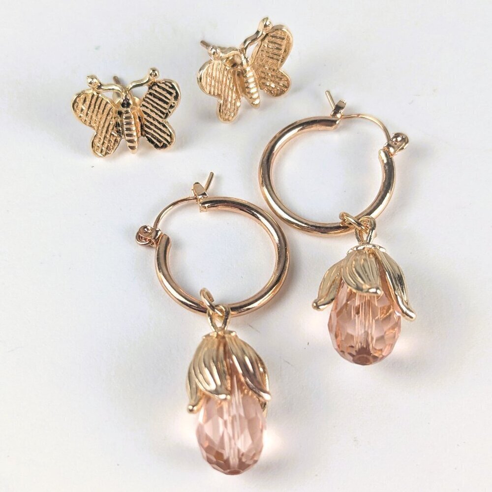 Gold-Tone Floral Butterfly Earring Set